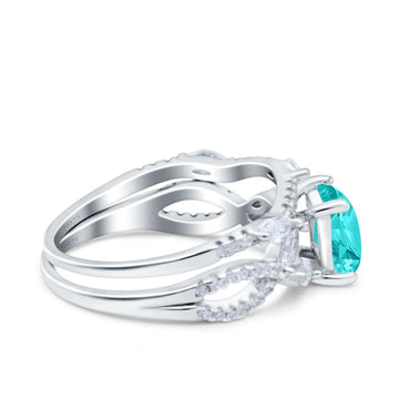 Two Piece Bridal Ring Art Deco Princess Cut Engagement Simulated Paraiba Tourmaline CZ 925 Sterling Silver